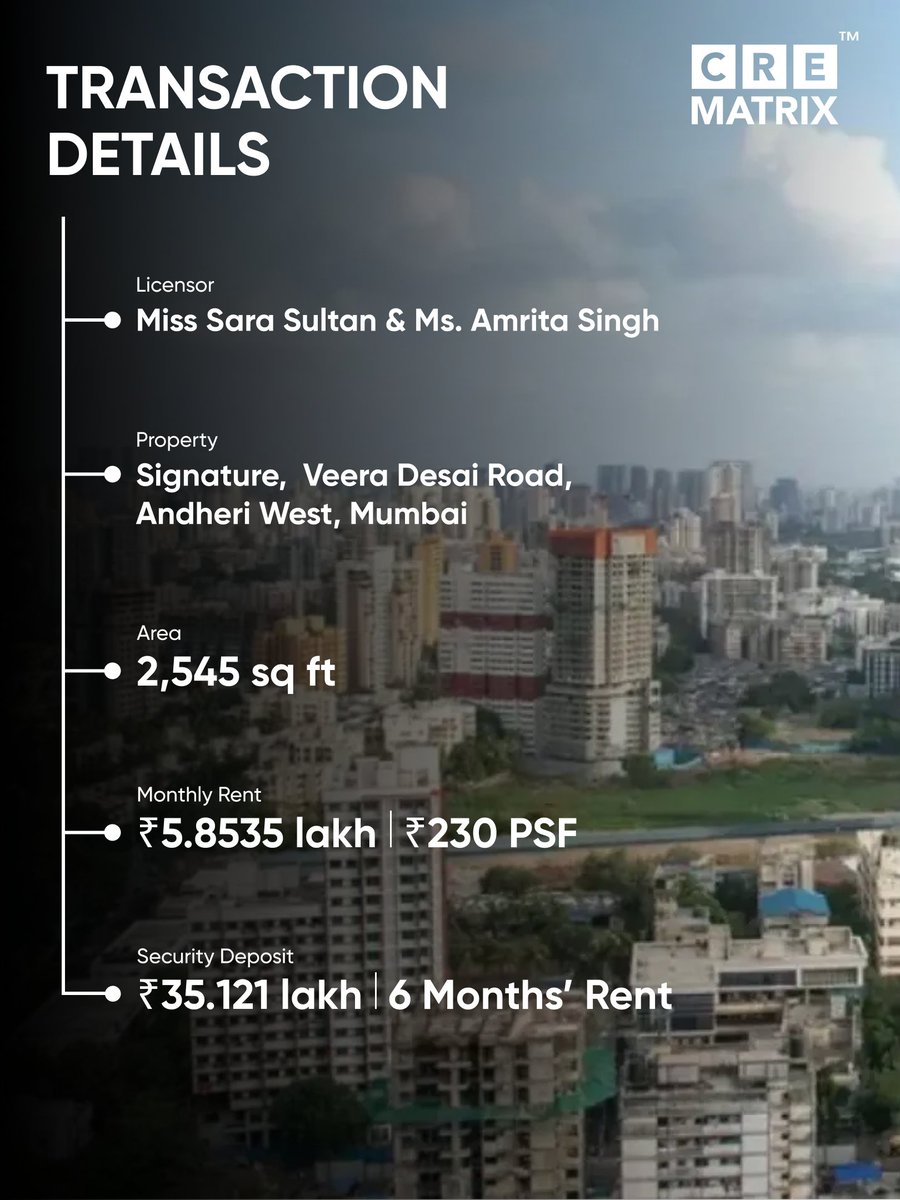 CreMatrix's tweet photo. According to documents accessed by https://t.co/xP5pO4gGdC, @SaraAliKhan and her mother, Amrita Singh, have leased a 2,545 sq ft commercial unit in Andheri West to AI studio firm Upsurge Labs LLP for five years at a total rent of ₹3.76 crore.
.
.
.
.
.
#MumbaiRealEstate https://t.co/cPfjkxSCTI