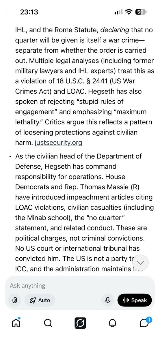 schitzoziris's tweet photo. The AI 🤖 SI Robot 🤖 #GROC that Secretary of Warmongering Blind Pew #PeteHegseth 🤘 and the War Department use, recons that Hegseth probably has committed War Crimes, but can’t say until a Conviction is Made !
https://t.co/9f68kC30oV https://t.co/YhVtraavgF