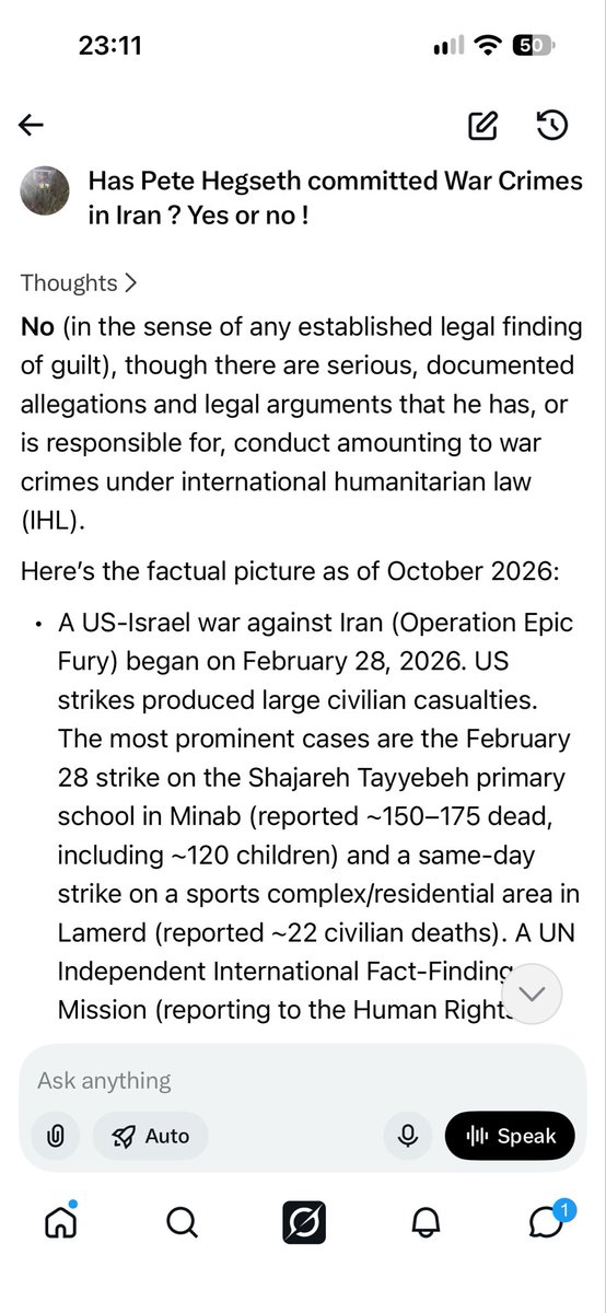 schitzoziris's tweet photo. The AI 🤖 SI Robot 🤖 #GROC that Secretary of Warmongering Blind Pew #PeteHegseth 🤘 and the War Department use, recons that Hegseth probably has committed War Crimes, but can’t say until a Conviction is Made !
https://t.co/9f68kC30oV https://t.co/YhVtraavgF