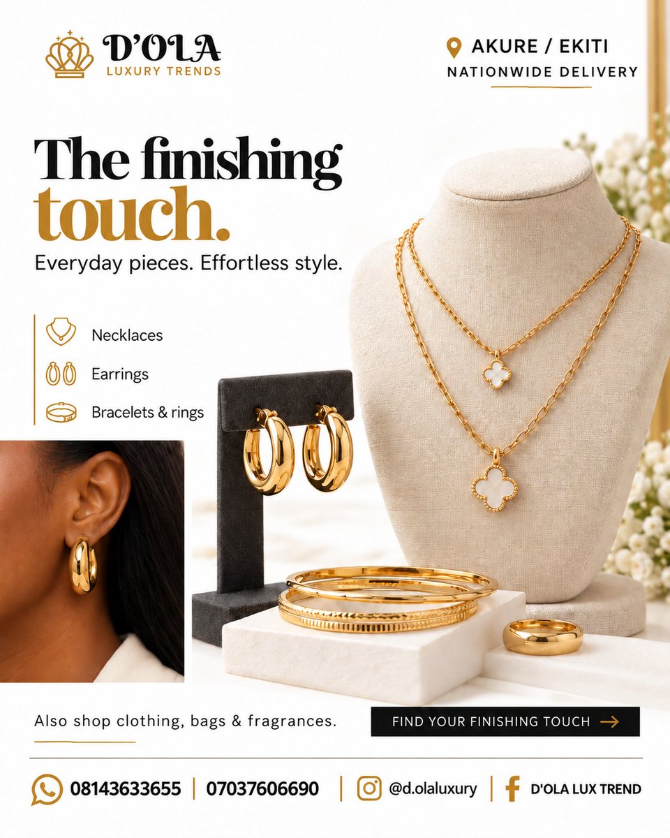 urom_goodluck's tweet photo. Two more from my work for D’OLA Luxury Trends ✨
Jewellery and bags, each with its own spotlight and a consistent gold-and-white identity.
Need designs that put your products centre stage? Send me a DM. 🤝 https://t.co/HQE9r0T7GD