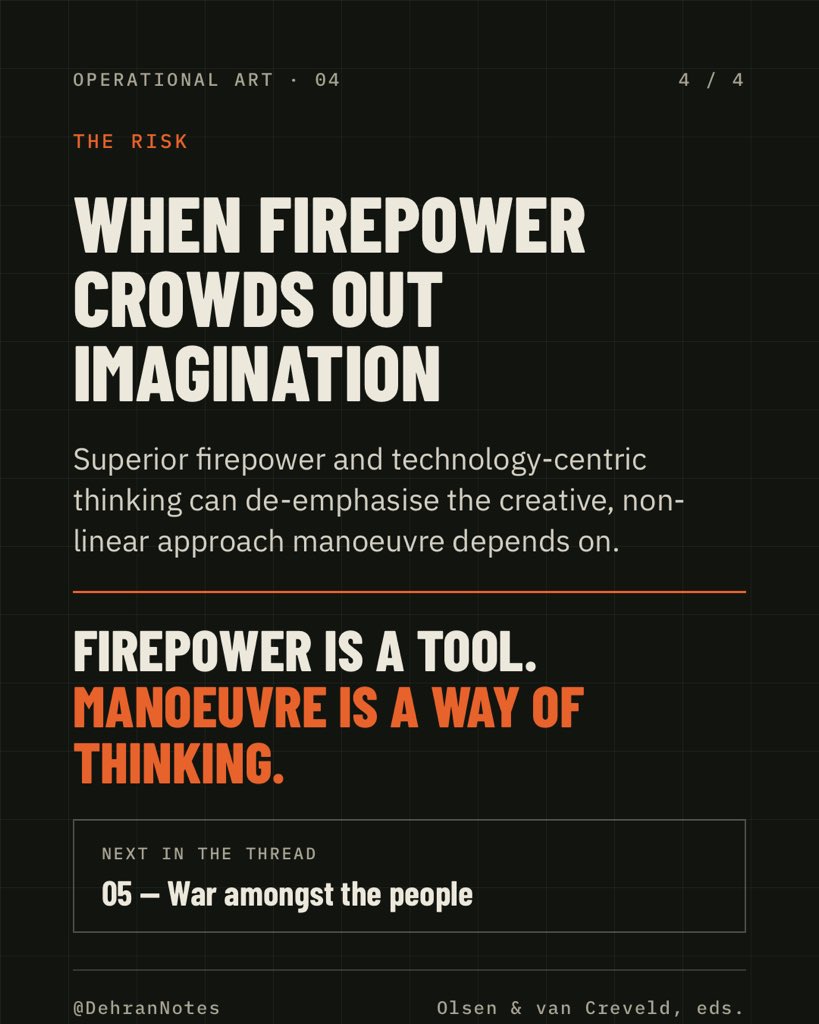 DehranNotes's tweet photo. 4/ Manoeuvre as the Core.

Historically, manoeuvre has been the antidote to static entrenchment. Whether through the corps system of Napoleon or the panzer divisions of the 20th century, the goal is to create opportunities on the enemy's flank and rear. However, the rise of superior firepower and technology-centric thinking can sometimes de-emphasize this creative, non-linear approach. #Innovation #Tactics