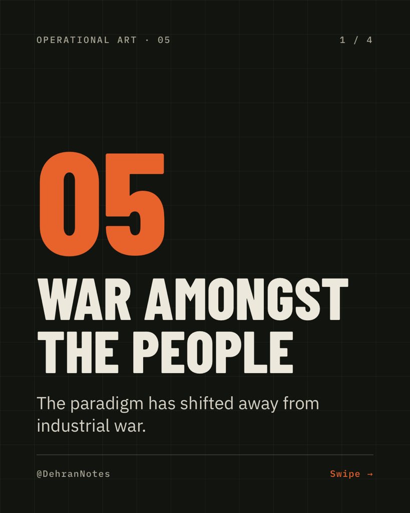 DehranNotes's tweet photo. 5/ The Shift to "War Amongst the People" 

The paradigm has shifted from industrial war to war amongst the people. This new reality makes it harder to define success, identify the theatre of operations, or manage multinational strategic direction. Today’s operational artists must orchestrate not just firepower, but information and resourcesto achieve complex political goals. #FutureOfWar #InternationalRelations