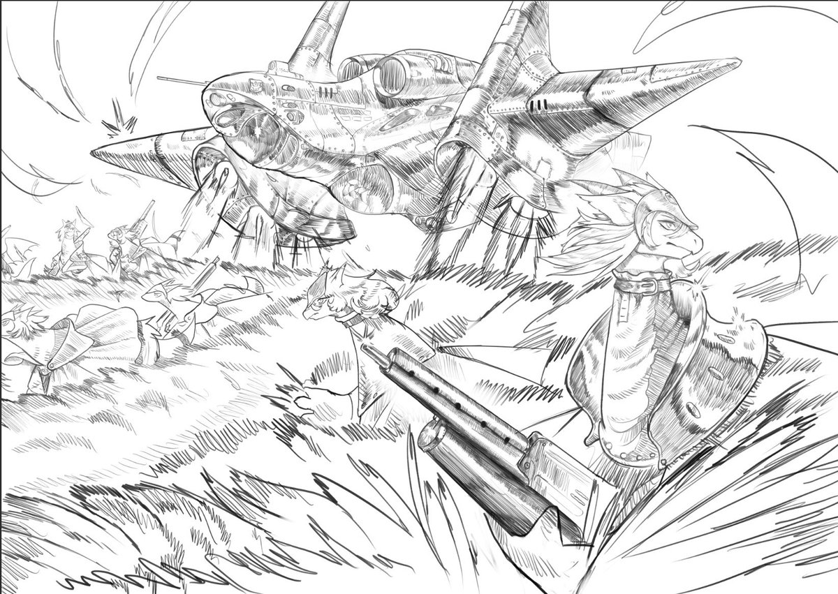 wappen334's tweet photo. 半分落書きみたいなもんやけど一応。
攻撃兵員輸送機(？)みたいな機体から背丈の高い草原に展開してる図 https://t.co/umGN8kUMAk