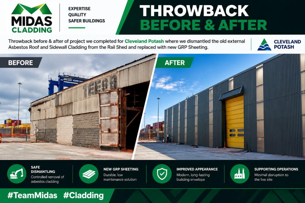 Midas_Cladding's tweet photo. Throwback before &amp; after of project we completed for Cleveland Potash where we dismantled the old external Asbestos Roof and Sidewall Cladding from the Rail Shed and replaced with new GRP Sheeting

Contact us to find out more:
📞 01642 253 500
📧 info@midascladding.com

#Cladding https://t.co/KKjyMrCpL9