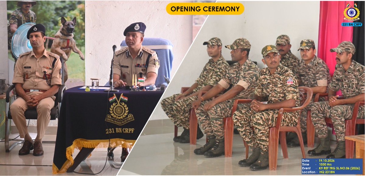 231bnCrpf's tweet photo. 🐕‍🦺 The opening ceremony of K9 Refresher Training Serial No. 06/2026 was inaugurated by Sh. Sunil Bhawar, Comdt, 231 BN CRPF, at HQ 231 BN. 16 K9s &amp; 17 handlers from Dantewada, Sukma &amp; Bijapur Ranges will undergo training to enhance operational proficiency. 🫡 https://t.co/E13wVUaEOI