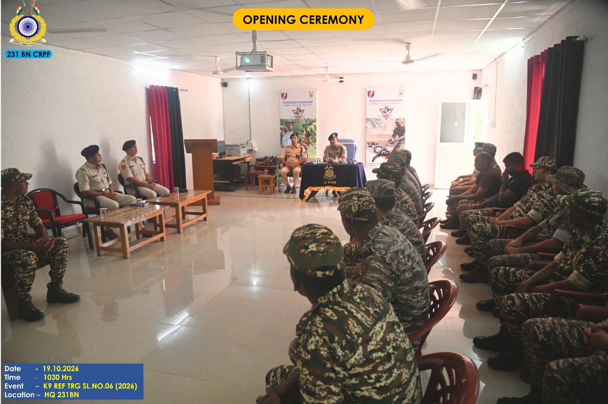 231bnCrpf's tweet photo. 🐕‍🦺 The opening ceremony of K9 Refresher Training Serial No. 06/2026 was inaugurated by Sh. Sunil Bhawar, Comdt, 231 BN CRPF, at HQ 231 BN. 16 K9s &amp; 17 handlers from Dantewada, Sukma &amp; Bijapur Ranges will undergo training to enhance operational proficiency. 🫡 https://t.co/E13wVUaEOI