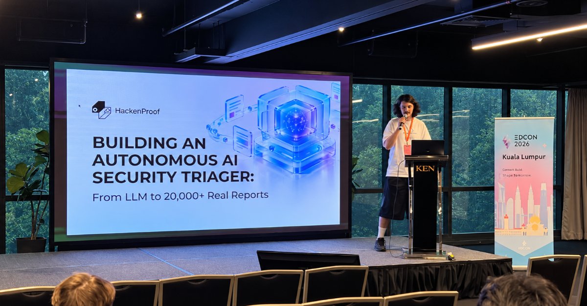 HackenProof's tweet photo. A look back at EDCON 2026 🇲🇾

Our CTO @d0rsky took the stage with:

“Building an Autonomous AI Security Triager: From LLM to 20,000+ Real Reports”

From generic LLMs to real-world vulnerability triage at scale.

Thanks @EDCON_Official for having us!

#EDCON2026 #AI #Cybersecurity #HackenProof