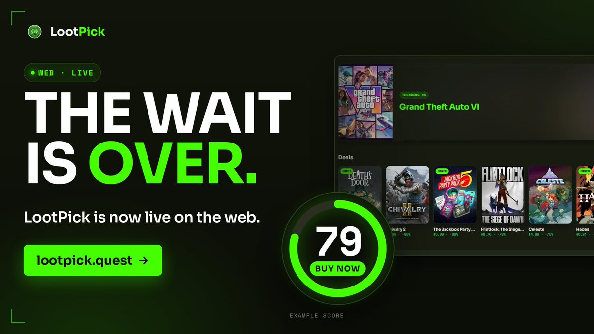 LootPick_app's tweet photo. @nicklaunches LootPick: a game price tracker with a Buy Now Score (75+ buy, 55 to 74 watch, under 55 wait). Compare PC game prices, build Picks, manage your Loot, find free games. Web is live at https://t.co/qrcdYEMNbo. Android live, iOS soon. https://t.co/7gQTArvHQu
