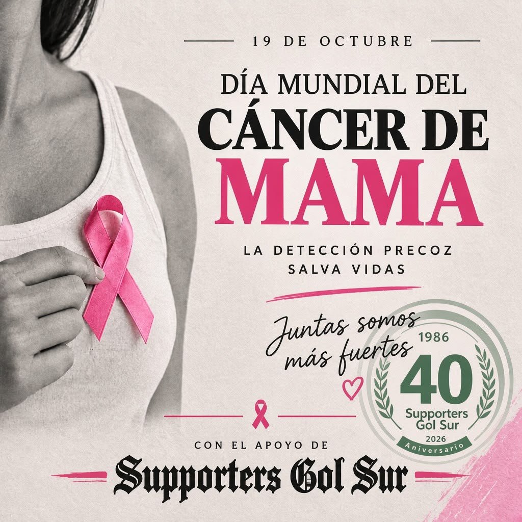 1986Oficial's tweet photo. Supporters Gol Sur por la investigación y la detección del cáncer de mama. Mandamos todas nuestras fuerza a esas guerreras que un día ganaron a ésta maldita enfermedad, así como a quienes hoy en día libran esa batalla y nuestro cariño a todas las que un dia lucharon por ganarla. https://t.co/MoVLnFQnnI