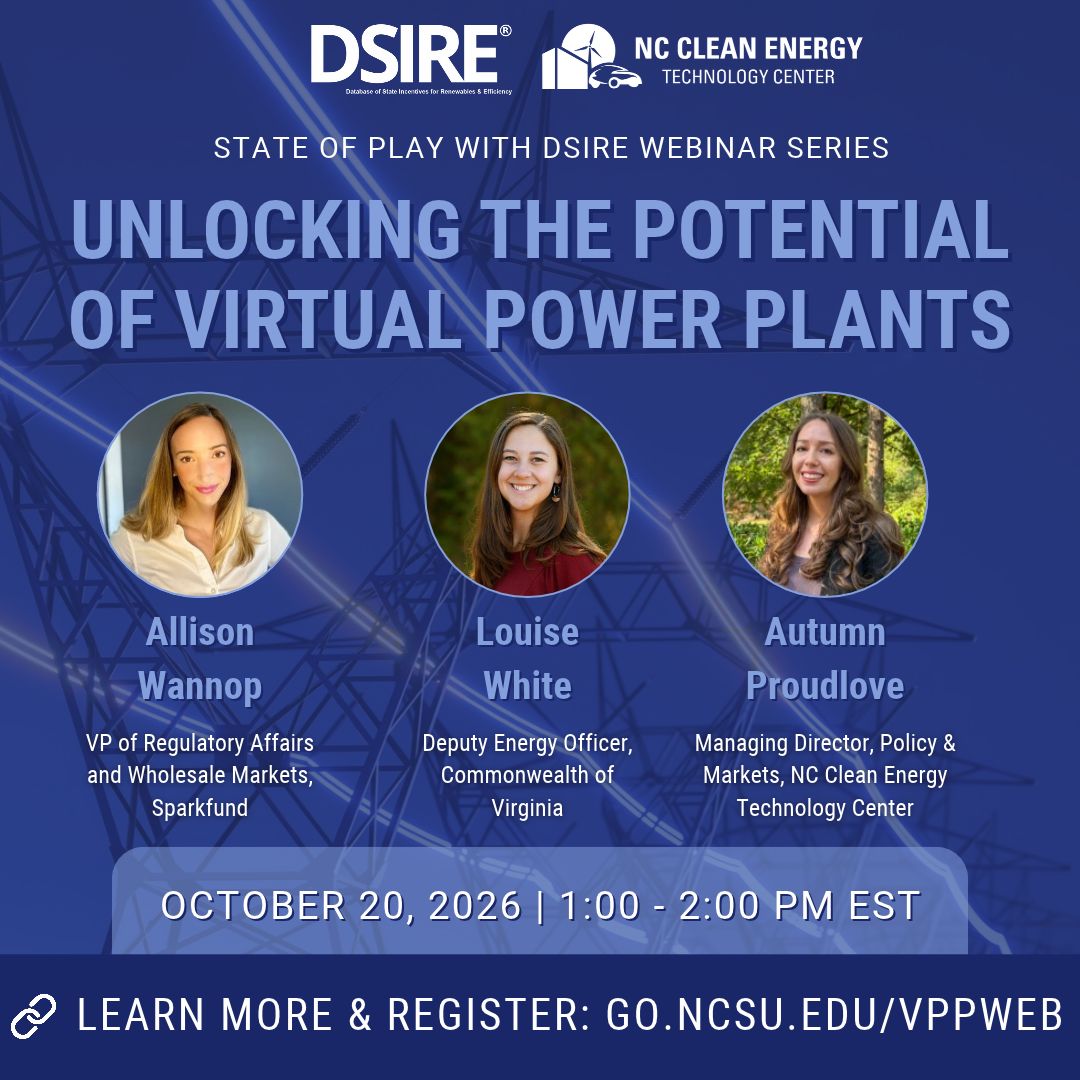 NCCleanTech's tweet photo. ⚡Join us tomorrow for the launch of State of Play with DSIRE, our new quarterly webinar series! Explore virtual power plant (VPP) policy trends, technologies, and opportunities with industry experts.

👉 Register FREE: https://t.co/iMkueJUB1K

#VPPs #EnergyPolicy #CleanEnergy https://t.co/HViLCk8oHU