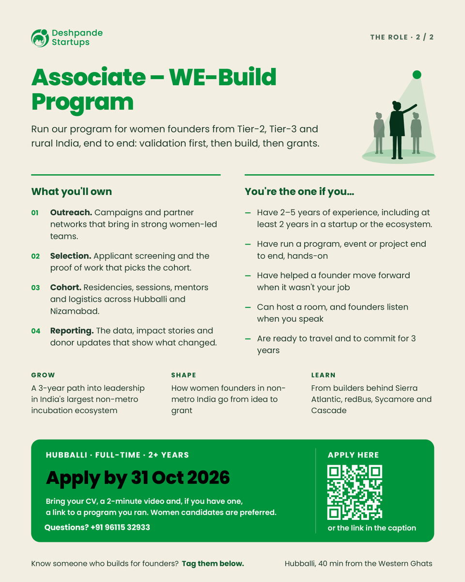 DFstartups's tweet photo. We are looking for Associate, WE-Build Program to lead our cohorts of women co-founded startups from non-metro India.

Hubballi • Full-time • 2 to 5 years of experience
Apply by 31 October 2026.

Apply now: https://t.co/xW5efdBOGw
Read the JD: https://t.co/2xuZWrtDgg

#Hiring https://t.co/nPsfkEFB1U