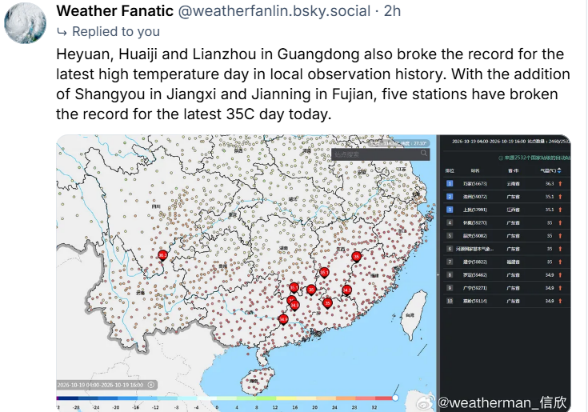 extremetemps's tweet photo. EXCEPTIONAL HEAT IN CHINA
Heyuan,Huaiji and Lianzhou in Guangdong broke the record for the latest 35C in local observation history. With the addition of Shangyou in Jiangxi and Jianning in Fujian, five stations have broken the record for the latest 35C day today. https://t.co/MgHXPtl3nI
