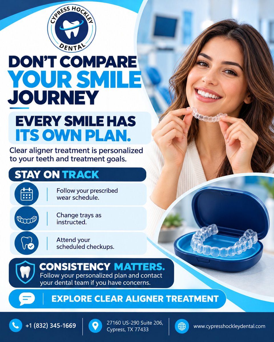 DentalHockleyTx's tweet photo. 😁 Every smile is unique! Stay consistent with your clear aligner plan and take one step closer to a confident smile. 🦷💙
#ClearAligners #CypressTX https://t.co/3r8f1mKxy5
