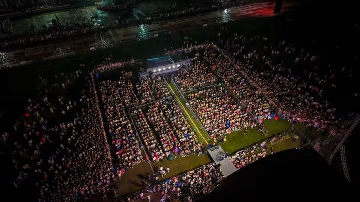 binicrave's tweet photo. BINI successfully drew an audience of roughly 7,000 fans to the Leyte Sports Complex Grandstand for their debut ticketed concert in Tacloban, "Unfiltered," held on October 17, 2026. 

The event showcased performances by BINI alongside guest acts Adie and the Baby Dolls and presented by Enigma Events and Productions Inc. 

📸 Hj.Hubilla Aerial Photography

BINI AT UNFILTERED CONCERT  

#BINI_LiveInTacloban #BINI
