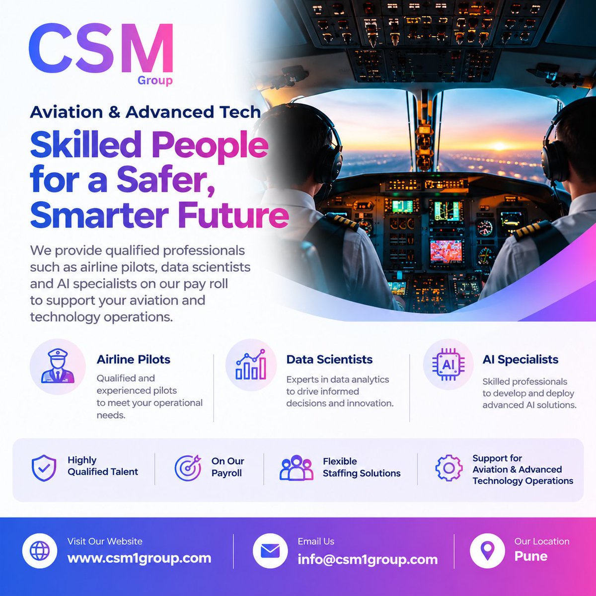 CsmGroup001's tweet photo. ✈️ Aviation & Advanced Technology need the right talent!
CSM Group provides qualified professionals on our payroll, including:
🌐 https://t.co/qLgE9essE2
📧 info@csm1group.com
📍 Pune, India
#CSMGroup #Aviation #StaffingSolutions #AI #WorkforceSolutions https://t.co/v9JmbxJ3YB