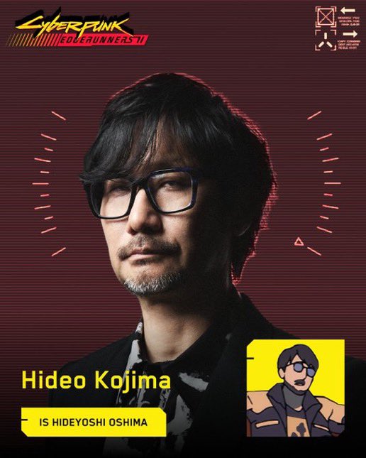 Kojima_Hideo's tweet photo. 前作のゲーム内に登場した“ヒデヨシ・オオシマ”役で、アニメ『サイバーパンク: エッジランナーズ 2』にカメオ出演しています。🙏🙇🏻😅🫶👍 https://t.co/HjMJNKrf20