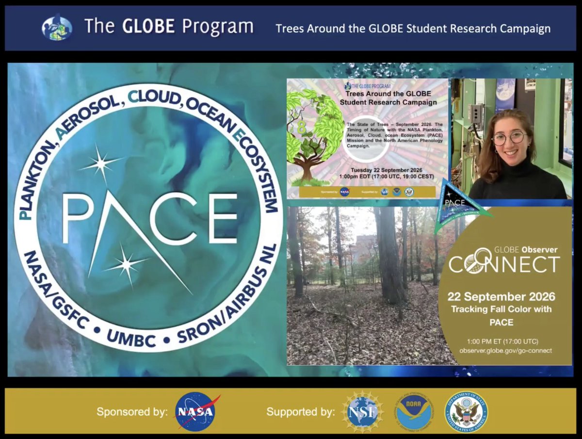 GLOBEProgram's tweet photo. #ICYMI On the 22nd of September 2026, we held the GLOBE Observer Connect event, in conjunction with the Trees Around the GLOBE’s September 2026 campaign webinar. The event, entitled “Tracking Fall Color with PACE,” was a conversation with NASA Plankton, Aerosol, Cloud, ocean Ecosystem (PACE) mission vegetation scientist, Skye Caplan. Skye discussed some of the ways she is using PACE data to study plants on land, including the new leaf color product and how you can use GLOBE Land Cover to document changing leaf colors to help verify the unique new PACE leaf color product. Read more, and check out the GLOBE Observer Connect event recording at https://t.co/TkXH2cx7Ac!