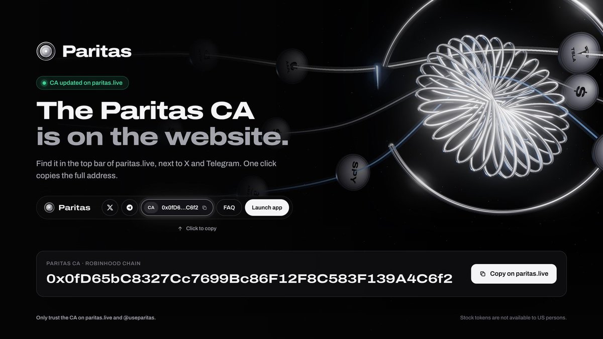 useparitas's tweet photo. The Paritas CA is now on https://t.co/c7NtqTJhyJ.

Top bar, next to X and Telegram. One click copies it.

CA: 0x0fD65bC8327Cc7699Bc86F12F8C583F139A4C6f2

Only trust the CA on https://t.co/c7NtqTJhyJ and @useparitas. https://t.co/fLgBmN2wAr
