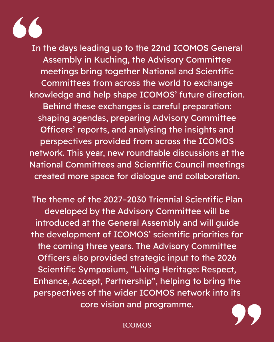 ICOMOS's tweet photo. #icomosga2026 - The ICOMOS General Assembly opened this morning in Kushing, Malaysia, following two very productive days of preparatory work.  On 18 October, the ICOMOS Advisory Committee met to review institutional policies, assess the committee’s progress, and coordinate strategic initiatives ahead of the main General Assembly sessions.  Kerime Danis, President of the ICOMOS Advisory Committee, tells us more about the Committee’s role within the ICOMOS network.  #ICOMOS #HeritageConservation #GlobalHeritage #advisorycommitte