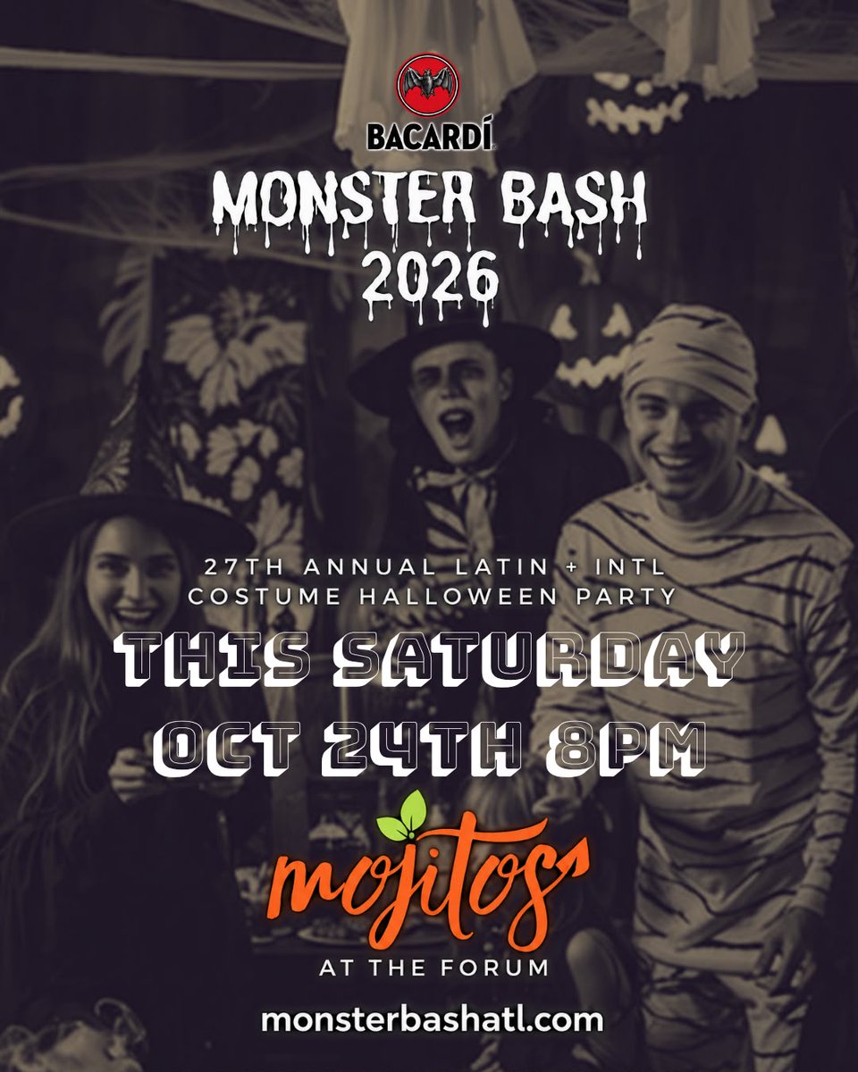 PRProductions's tweet photo. IT"S HAPPENING!
This #Saturday
#October 24th 8pm

The #1 #Latin &amp; #International #Halloween Party

@Bacardi host the
27th Annual #Halloween #Party
* MONSTER BASH 2026 *
at
MOJITOS at the Forum

#Costume Contest, 3 #Dj's

All Info + #Free Entry
https://t.co/MprXKZDbkz

#free https://t.co/uBEdVonyQV