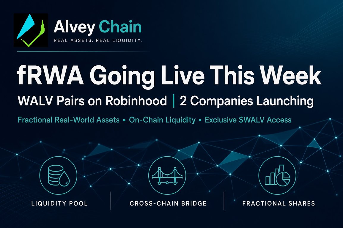 AlveyChain's tweet photo. We are preparing to list the first WALV trading pairs on Robinhood .

✅ New pairs:
robinhood:0x302dacc52492095fb054937112a5aac4617ecfb3 / [Company Ticker] on #Robinhood 

These will be the primary pairs for accessing fractional ownership of the participating companies. 
Ownership is exclusive to robinhood:0x302dacc52492095fb054937112a5aac4617ecfb3 holders.

📖We are ready to go live with 2 companies this week.
On-chain liquidity pools are already positioned, 1:1 bridged shares are prepared, and profit settlement via the bridge is ready.

Only robinhood:0x302dacc52492095fb054937112a5aac4617ecfb3 holders will be able to participate and earn.

#AlveyChain #RWA #CryptoMarket #trade