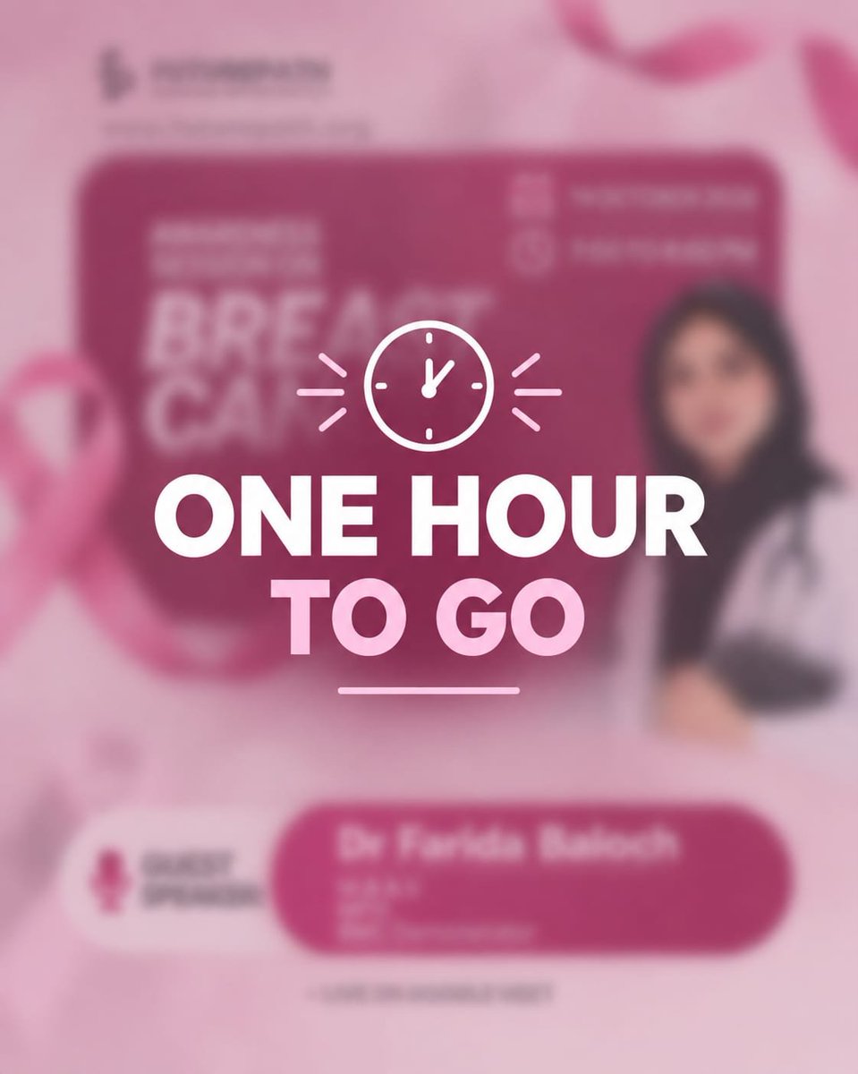 futurepathco's tweet photo. 🎀 One Hour to Go! 

Join Future Path for an important Breast Cancer Awareness Session with Dr. Farida Baloch.

19 October 2026 7:00–8:00 PM
Live on Google Meet

Let’s spread awareness and save lives!

#FuturePath #BreastCancerAwareness #HealthAwareness #session https://t.co/fTVm5VkkZv