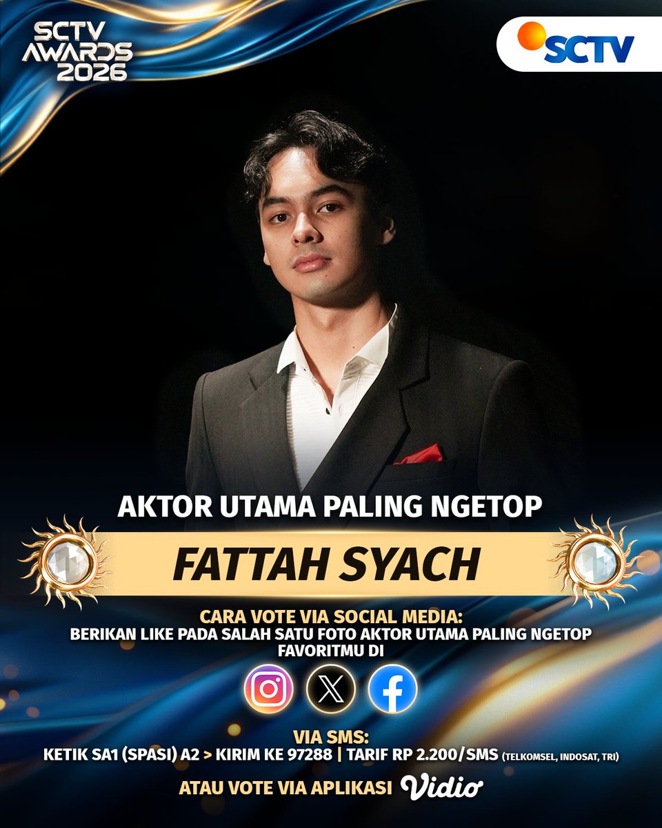 SCTV's tweet photo. Yuk, dukung FATTAH SYACH untuk memenangkan kategori AKTOR UTAMA PALING NGETOP di X dengan cara like foto berikut atau #VoteSA2026 via SMS, Instagram, dan Facebook, atau bisa juga melalui Virtual Gift @vidio

#SCTVAwards2026 #VoteSA https://t.co/tXE1bu7evM