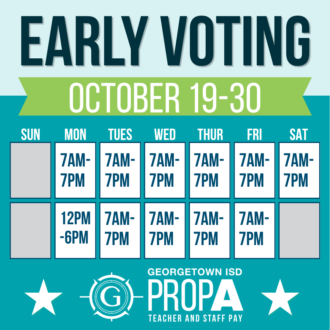 GeorgetownISD's tweet photo. Early Voting starts TODAY.

Voters can cast their ballot beginning today through October 30.

Proposition A will appear on the November 3 ballot for Georgetown ISD voters.
📅 Early Voting: October 19-30
📅 Election Day: November 3

Visit https://t.co/UiuqSmZxqy for information about Proposition A.