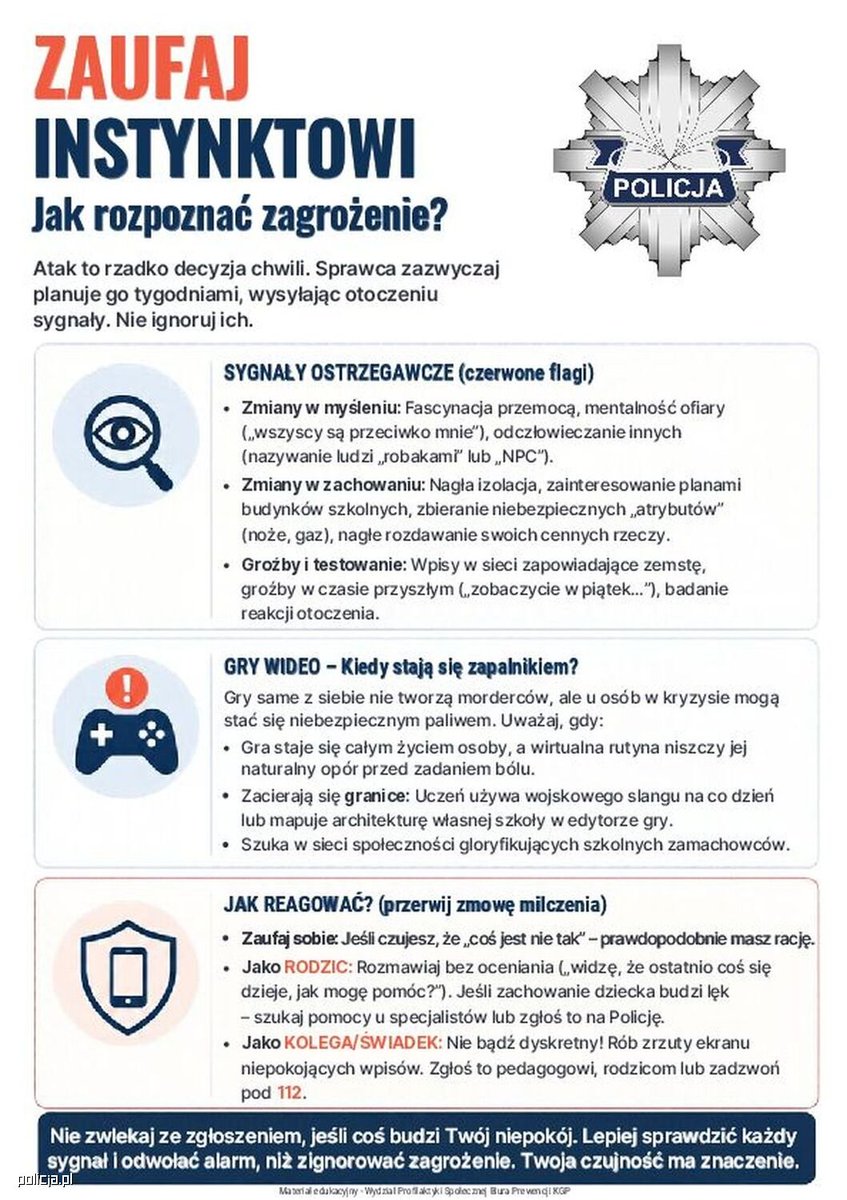 PolskaPolicja's tweet photo. 🔵 "Życie to nie gra. Masz je tylko jedno". Policja rusza z ogólnopolskimi działaniami informacyjno-edukacyjnymi dla uczniów.

Groźby w internecie, przemoc rówieśnicza, niepokojące wpisy w mediach społecznościowych czy zapowiedzi ataków na szkoły – takich sygnałów nie można lekceważyć. Czasem wystarczy jeden odpowiedzialny krok, by zapobiec tragedii. Dlatego Policja rozpoczyna ogólnopolskie działania informacyjno-edukacyjne pod hasłem „Życie to nie gra. Masz je tylko jedno”. Ich celem jest zwiększenie świadomości młodych ludzi, nauczenie ich rozpoznawania zagrożeń i pokazanie, jak reagować, zanim dojdzie do niebezpiecznego zdarzenia.

Więcej➡️https://t.co/ZUZyzcyFIr