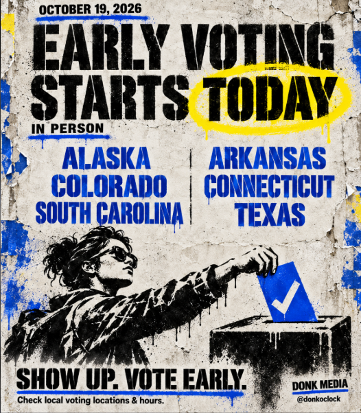 donkoclock's tweet photo. 🚨 SIX MORE STATES START EARLY VOTING TODAY!

🐻 Alaska
🐗 Arkansas
🏔️ Colorado
⚓ Connecticut
🌴 South Carolina
🤠 Texas

🗳️ EARLY VOTING IS ALSO UNDERWAY IN:
🌵 Arizona
🌴 California
🍊 Florida*
🍑 Georgia
🥔 Idaho*
🌽 Illinois
🏁 Indiana
🌾 Iowa
🌻 Kansas*
🦞 Maine
☕ Massachusetts
❄️ Minnesota
🏔️ Montana
🌽 Nebraska
🎰 Nevada
🌶️ New Mexico
✈️ North Carolina
🌰 Ohio
⚓ Rhode Island
🦬 South Dakota
🎸 Tennessee
🍁 Vermont
🏛️ Virginia
🤠 Wyoming
*Availability and start dates vary by county.

Make your plan. Bring a friend. VOTE EARLY. 🗳️