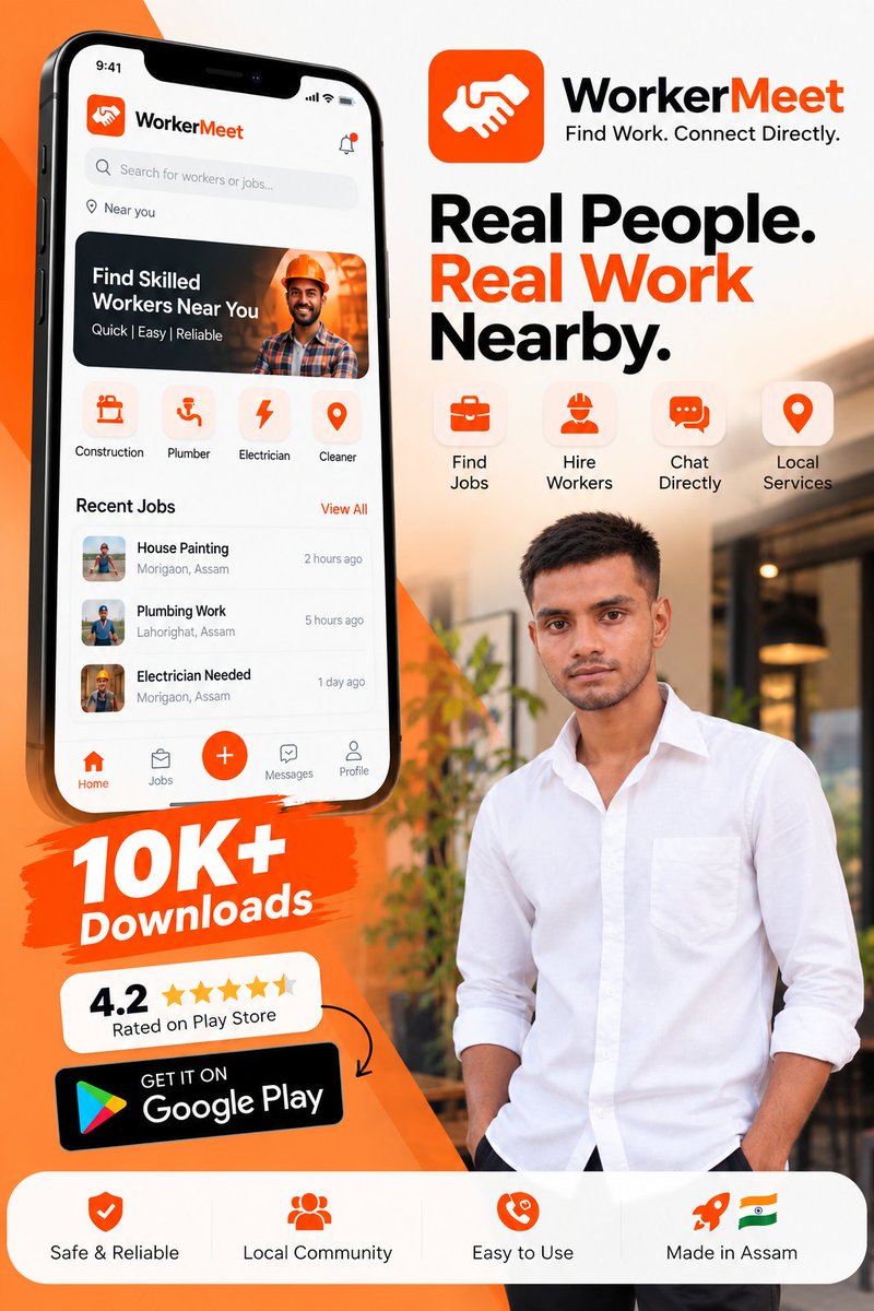 iftarul_hasan's tweet photo. 🚀 Building WorkerMeet — One Step at a Time.

Hi everyone! 👋 I'm Iftarul Hasan, founder of WorkerMeet.

I'm working on a simple mission: helping people find work, discover local talent, and connect directly through one platform.

What started as an idea is growing into something meaningful. ❤️

WorkerMeet has crossed 10K+ downloads with a 4.2 rating on the Play Store, and I'm grateful to everyone who has supported this journey.

But this is only the beginning.

🤝 I'm looking to connect with:

- 👨‍💻 Developers who love building useful products
- 🚀 Founders and startup enthusiasts
- 👷 Users who want to explore WorkerMeet
- 💡 People who can share honest feedback and improvement ideas

If you try WorkerMeet, I'd genuinely appreciate your feedback.

What should we improve next? Your suggestions could help us build a better experience for everyone.

Let's connect, learn, and build something meaningful together.

— Iftarul Hasan
Founder, WorkerMeet

#FounderJourney #WorkerMeet #StartupIndia #BuildingInPublic #AppDevelopment #MadeInAssam