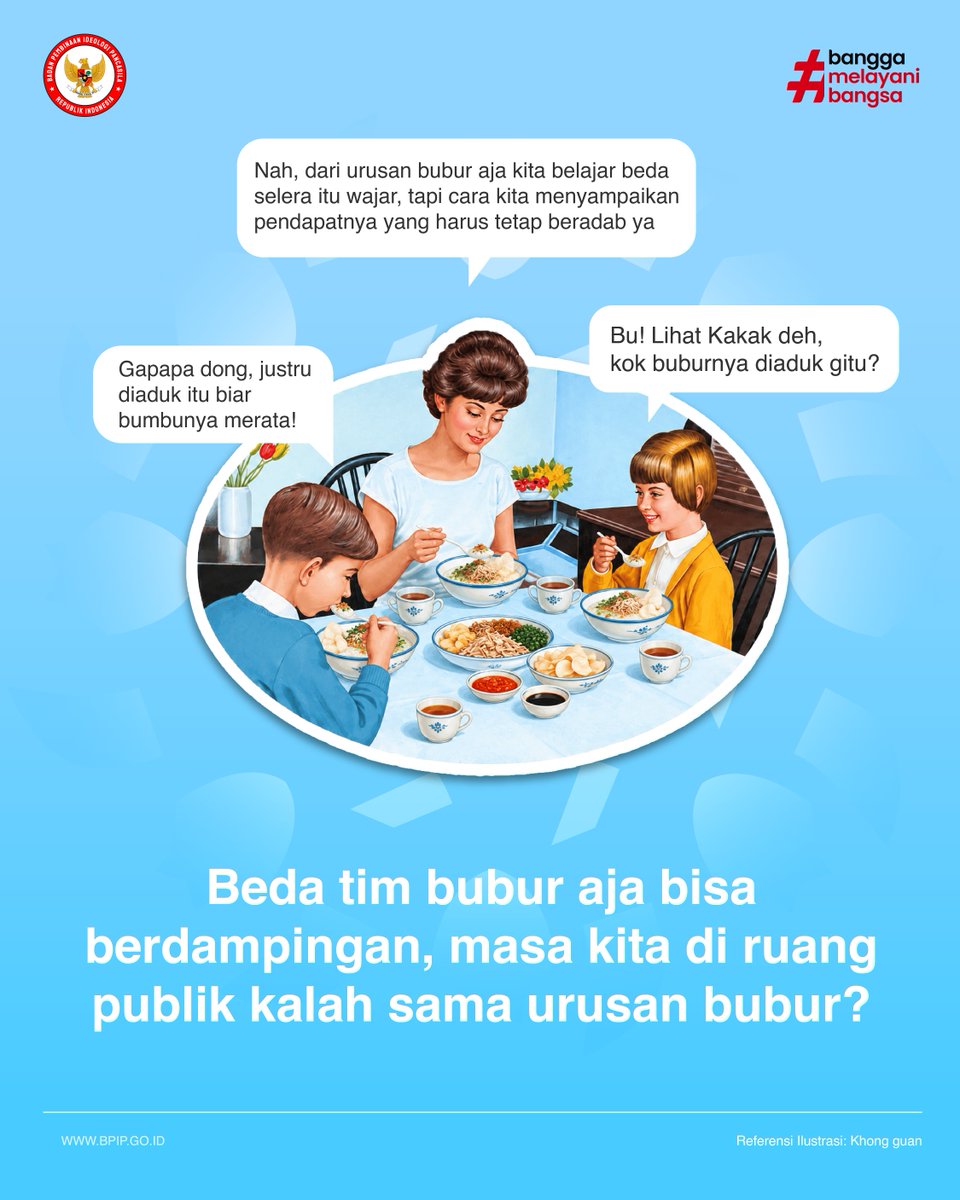 BPIPRI's tweet photo. #SalamPancasila

Beda pendapat itu wajar, tapi tetap perlu santun. Sampaikan aspirasi lewat musyawarah, jaga ketertiban, dan utamakan persatuan sebagai wujud pengamalan nilai Pancasila.

#BPIP #Pancasila #HumasBPIP #SobatPancasila https://t.co/NHeQDU5gRk