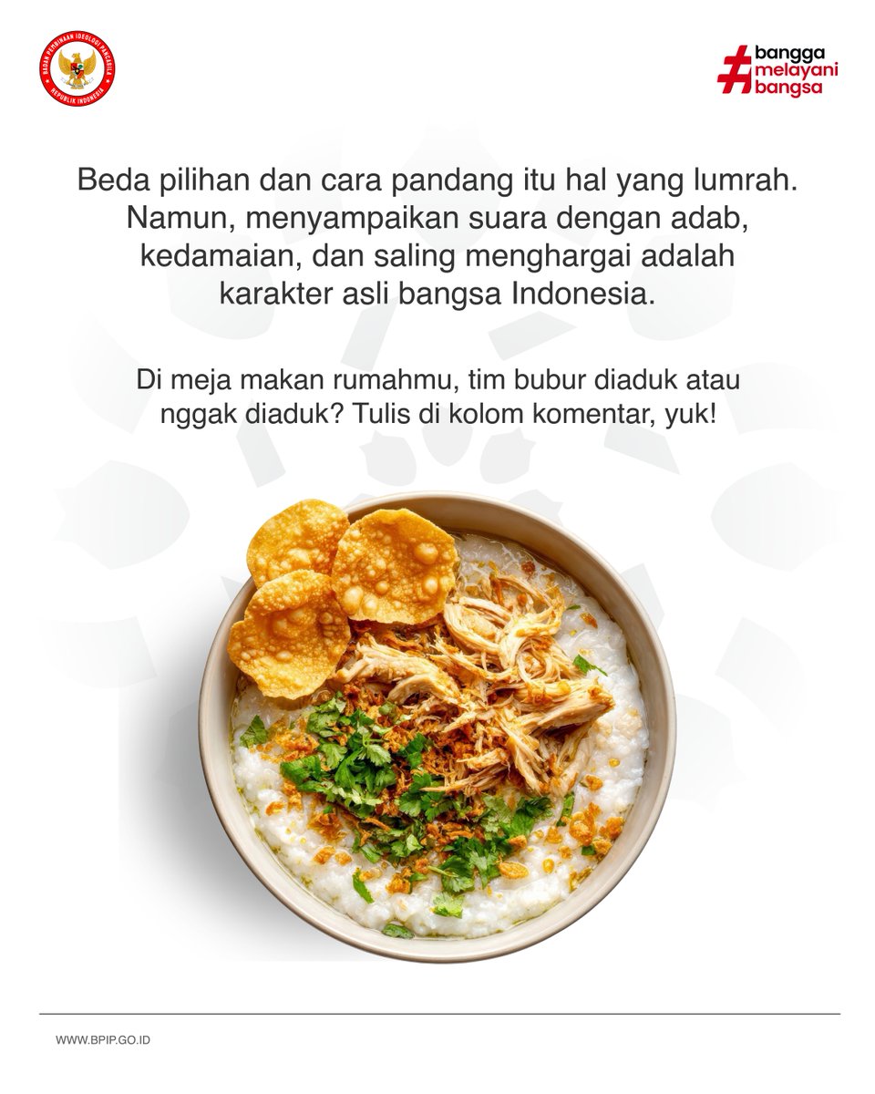 BPIPRI's tweet photo. #SalamPancasila

Beda pendapat itu wajar, tapi tetap perlu santun. Sampaikan aspirasi lewat musyawarah, jaga ketertiban, dan utamakan persatuan sebagai wujud pengamalan nilai Pancasila.

#BPIP #Pancasila #HumasBPIP #SobatPancasila https://t.co/NHeQDU5gRk