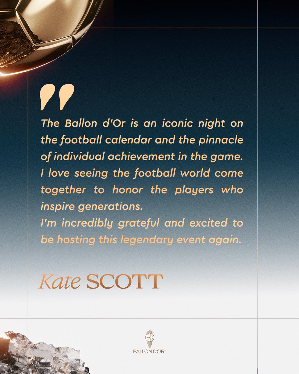 ballondor's tweet photo. Please welcome Kate Scott &amp; Thierry Henry, our 2026 Ballon d’Or masters of ceremonies! We’re already looking forward to seeing them share the stage next Monday in London! 🌕

Find more here: https://t.co/ODxSNKeuDj

#ballondor https://t.co/oOloDh2yT4