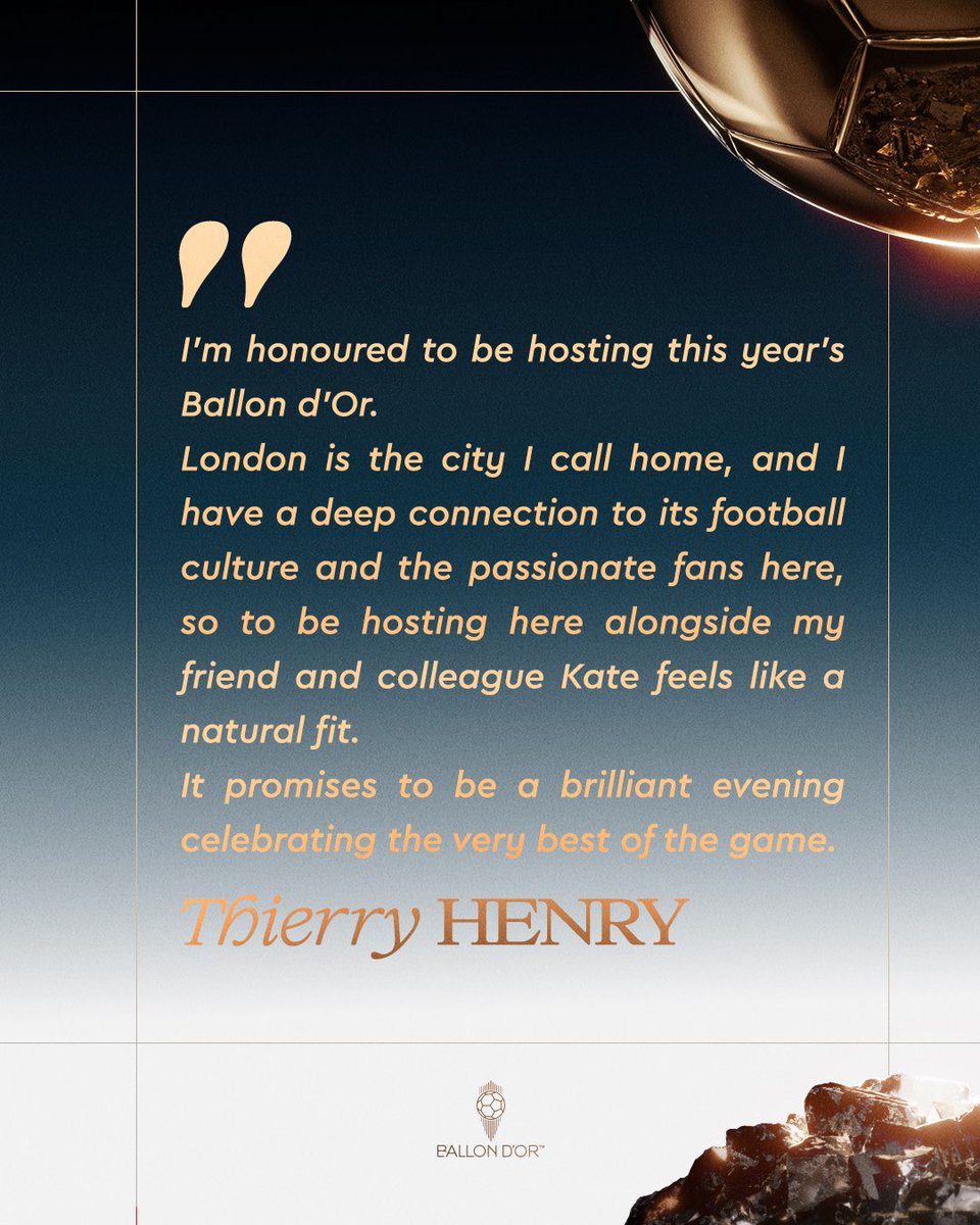 ballondor's tweet photo. Please welcome Kate Scott &amp; Thierry Henry, our 2026 Ballon d’Or masters of ceremonies! We’re already looking forward to seeing them share the stage next Monday in London! 🌕

Find more here: https://t.co/ODxSNKeuDj

#ballondor https://t.co/oOloDh2yT4