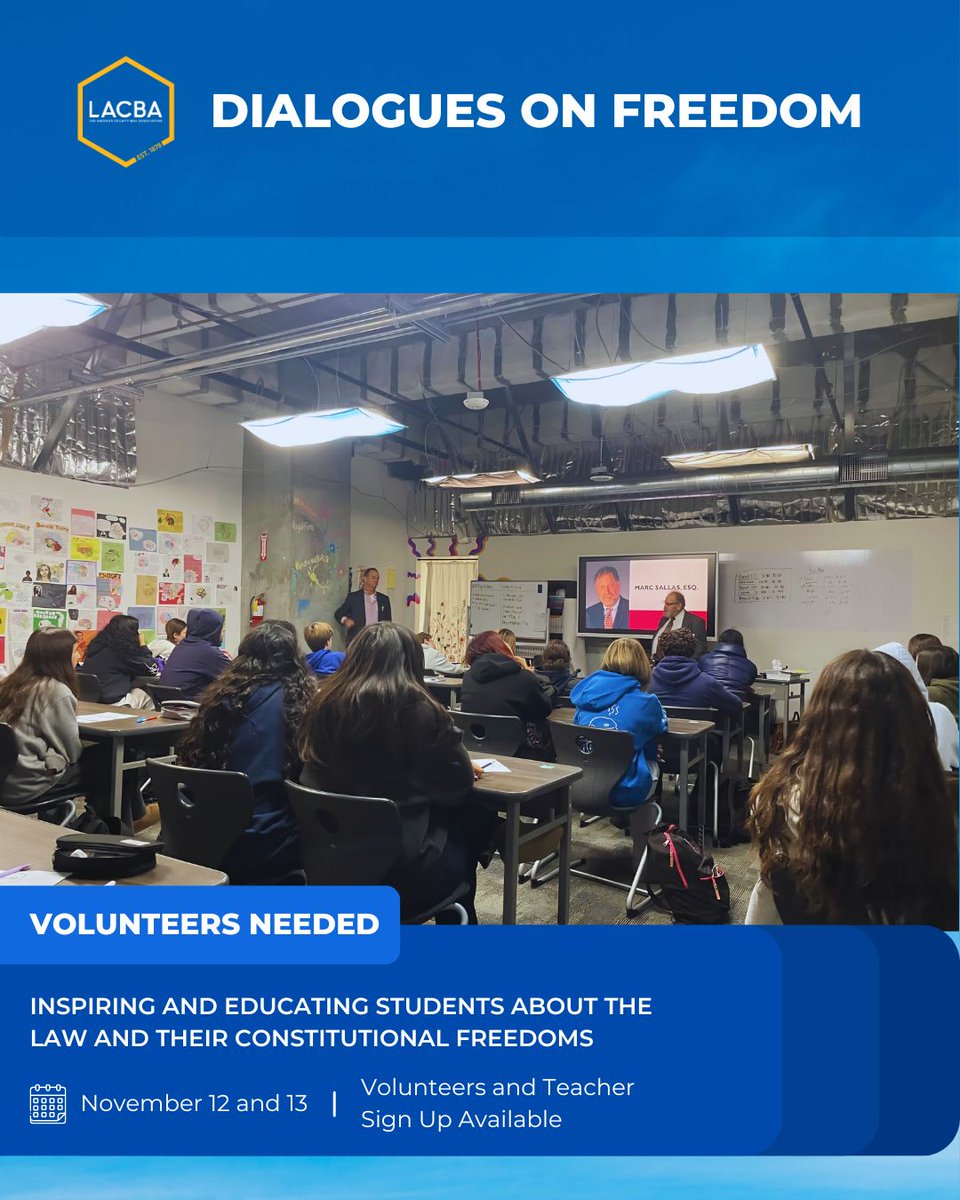 LACBA's tweet photo. This year's Dialogues on Freedom Program will take place on November 12 and 13, 2026. Dozens of judges and lawyers will volunteer in classrooms throughout the County, and meaningfully engage with students on the constitution, civic responsibility, and future careers in the law and beyond.

Volunteer: https://t.co/uZYo80YjmC