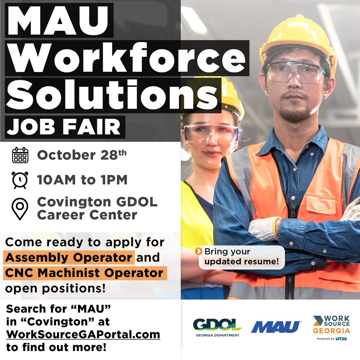 WorkSourceGA's tweet photo. Meet with MAU Workforce Solutions recruiters to apply for Assembly Operator + CNC Machinist Operator positions. 
Covington Career Ctr
October 28 | 10AM - 1PM

Sign up for FREE at https://t.co/EzLGbnzGUw

See more about the positions at https://t.co/L3HZCNR9e7

#covingtonjobs https://t.co/P1gvKsO7Fa