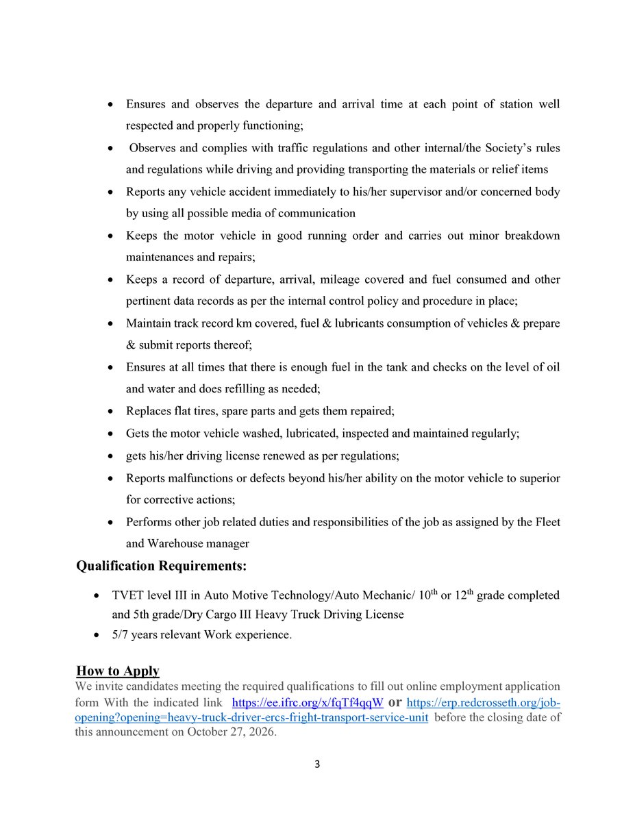 EthioRedCross's tweet photo. The Ethiopian Red Cross Society (ERCS) wants to recruit employees in the vacant position of Heavy Truck Driver.

For more: https://t.co/tUT3YFOswy

 Aplly here: https://t.co/ZzpkW4OUpE or https://t.co/7PEzr7teN6  before October 27, 2026.

We Live for Humanity! https://t.co/Q9WiNnrBaD