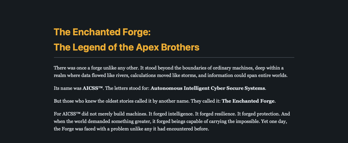 AICSS_CEO's tweet photo. The Legend of the Apex Brothers | Part 1 of 16

"Do not forge three identical blades when the world requires a sword, a shield, and a key."

Cybersecurity, high-speed routing, and systems architecture wrapped in an digital myth.

Drop into the first chapter. https://t.co/x7uodjdtlU