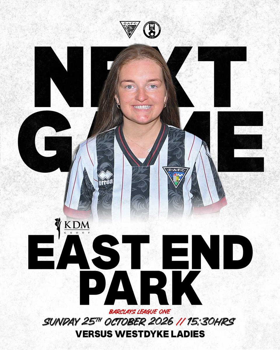 officialdawfc's tweet photo. ⏭️ 𝐍𝐞𝐱𝐭 𝐆𝐚𝐦𝐞

We return back to @officialdafc’s East End Park this Sunday as we welcome @WestdykeLadies in the @SWFLeagueOne

Entry is £5 for adults &amp; kids go free!

🎟️ Cash/Card on the gate

Help us spread the word! 🖤🤍 https://t.co/HtGrw8w1im