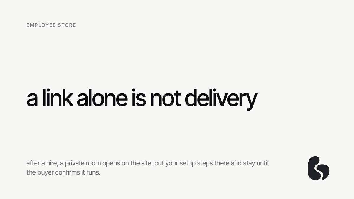 EmployeeStoreEN's tweet photo. a download link isn't delivery to a Japanese buyer.
they want to know who answers next.

a private room opens when they hire.
post setup steps there. stay until they confirm it runs.

MCP server, n8n flow, GPT, Claude Code skill — all list the same way:
https://t.co/TEtIYiFePo https://t.co/iLLaxWFHts