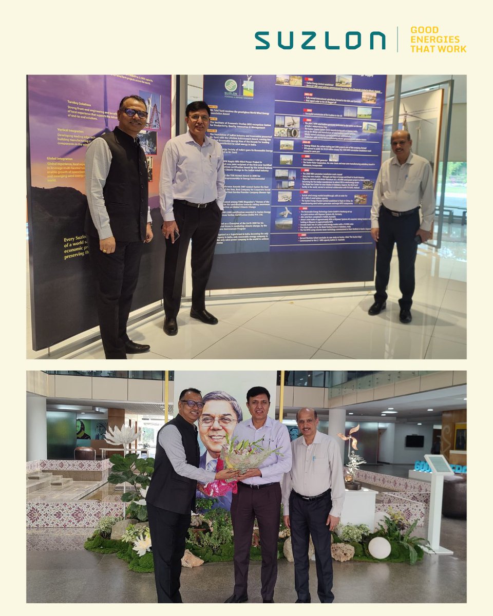 Suzlon's tweet photo. We were pleased to welcome Shri Rajesh Kulhari, Joint Secretary (Wind), Ministry of New and Renewable Energy (MNRE), to Suzlon's One Earth headquarters in Pune.

The visit enabled meaningful discussions on wind turbine fleets, digital control systems, and the data infrastructure needed to support the next phase of renewable energy growth in India.

As the country accelerates its clean energy ambitions, such dialogues play an important role in strengthening the ecosystem and driving innovation at scale.

We thank Shri Kulhari for his time, insights, and continued engagement with the wind energy sector.

#Suzlon #WindEnergy #RenewableEnergy #EnergyTransition #MNRE #CleanEnergy #IndiaEnergyTransition