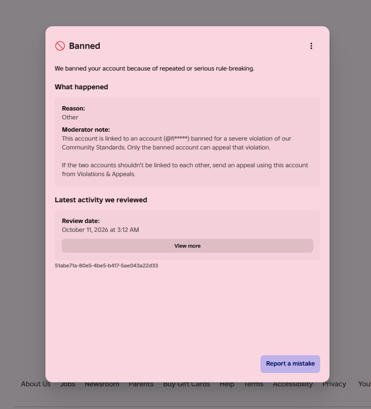 x1kia's tweet photo. should i accept the fact roblox isnt gonna help me get my account back

i got banned for being "linked" to another account, ive appealed so many times and atp idk what to do anymore 
#ROBLOX #enforcementban #banwave https://t.co/2nVzhZsxVf