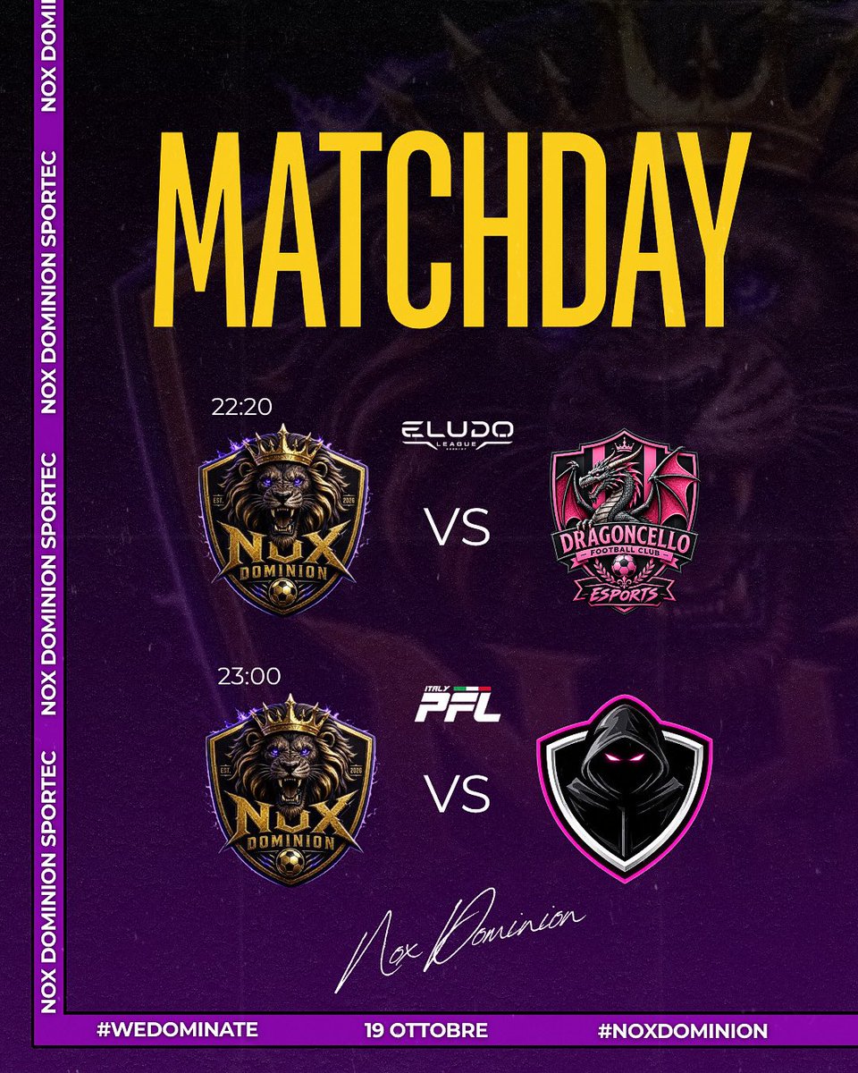 noxDominion's tweet photo. Today is match day!! Oggi ci aspetta una nuova avventura anche in @PFL_ITALIA!!

@eLUDO_League 22:20
🆚 DragonCello FC

@PFL_ITALIA  23:00
🆚 Nameless Esports

#Wedominate #NoxDominion @Sportec_Custom https://t.co/sbeY0jd3Nk