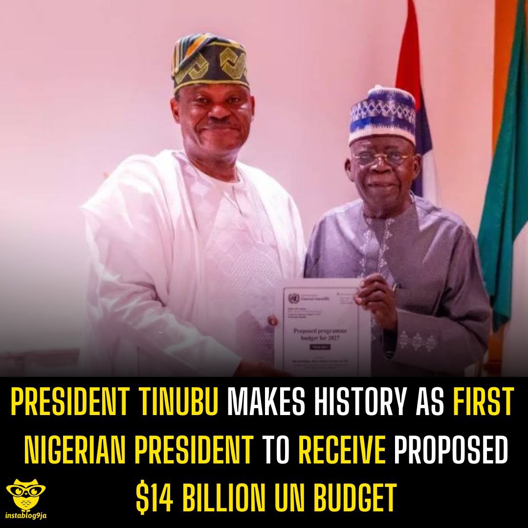 instablog9ja's tweet photo. President Tinubu Makes History As First Nigerian President To Receive Proposed $14 Billion UN Budget
President Bola Tinubu has received the proposed 2027 United Nations budget, marking what Nigeria’s Permanent Representative to the UN, Jimoh Ibrahim, described as a historic first in 66 years.
Ibrahim, who chairs the UN General Assembly’s Fifth Committee responsible for administrative and budgetary matters, presented the seven-volume document to Tinubu at the State House in Abuja.
Speaking after the presentation, Ibrahim explained that the budget was submitted to the committee by the UN Secretary-General before being brought to Nigeria for the President to receive.
“This is the first time in 66 years that Nigeria will share budget in the committee. The first time. So I don’t know when we’re going to do that again in history,” he said.
He further described Tinubu’s receipt of the document as a significant milestone, noting that it was unusual for a country’s president to receive the UN’s proposed budget through the process.
“President Bola Tinubu is making history to have been able to receive that budget, being the first President in 66 years that will receive such budget from the United Nations,” Ibrahim added.
According to him, the proposal covers the organisation’s regular operations and peacekeeping missions, with approximately $3.4 billion earmarked for its regular budget and $8.5 billion for peacekeeping. He put the overall figure at about $14 billion, although the two allocations he cited total $11.9 billion.
Ibrahim clarified that the document had not been approved, explaining that member states would still examine the proposal, make adjustments and determine the final figures before spending could begin.
“The budget still has to be approved. This is a proposed budget. It’s at the proposed stage,” he said.
He also referenced a $267 million UN conference centre in Kenya as an example of the organisation’s investment in facilities within member countries.
The proposed 2027 budget will now undergo further deliberations before UN member states approve the final figures.