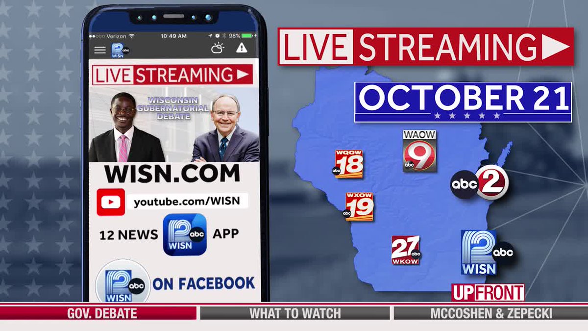 mattsmith_news's tweet photo. WEDNESDAY NIGHT: The governor's debate live statewide at 7 p.m. 

Watch live on WISN in Milwaukee, WKOW in Madison, WBAY in Green Bay, WXOW in La Crosse, WQOW in Eau Claire and WAOW in Wausau

Also streaming live on the WISN 12 News app and WISN 12 YouTube and Facebook pages https://t.co/kGSe2r1R3w