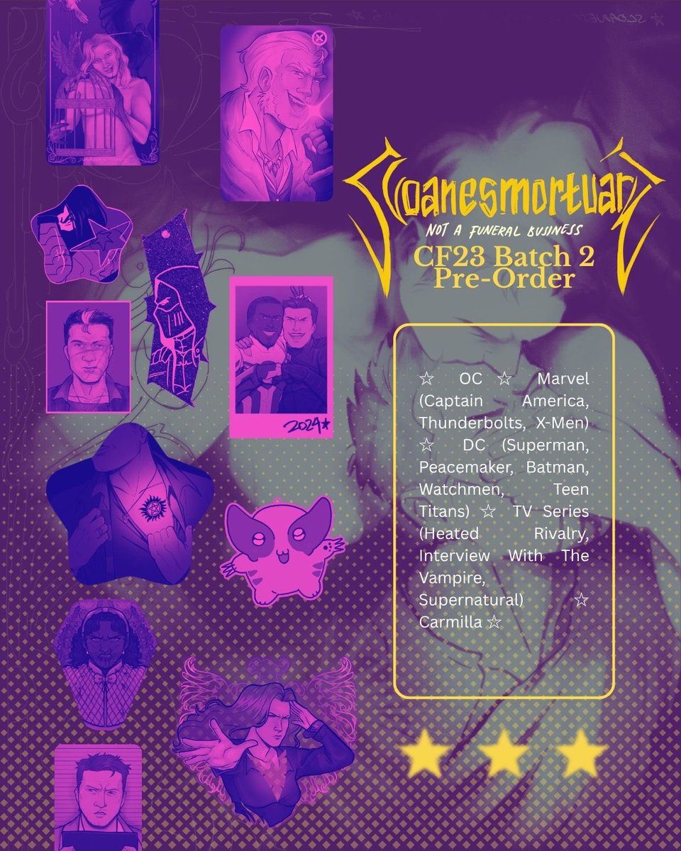 sloanesmortuary's tweet photo. [💜+🔁 appreciated!]

sloanesmortuary CF23 Batch 2 PO is open!
This is also my OTS catalogue!

📅 ‼️19 - 24 Oct 2026
💎 OC, Marvel, DC, IWTV,  SPN, HR
📍Pick up both days
🇮🇩 Shipping from JKT
🌏 International GO pls DM!
🔗 Order link at the end of the thread

#cf23catalogue (1/6) https://t.co/8DcsSWWcnG