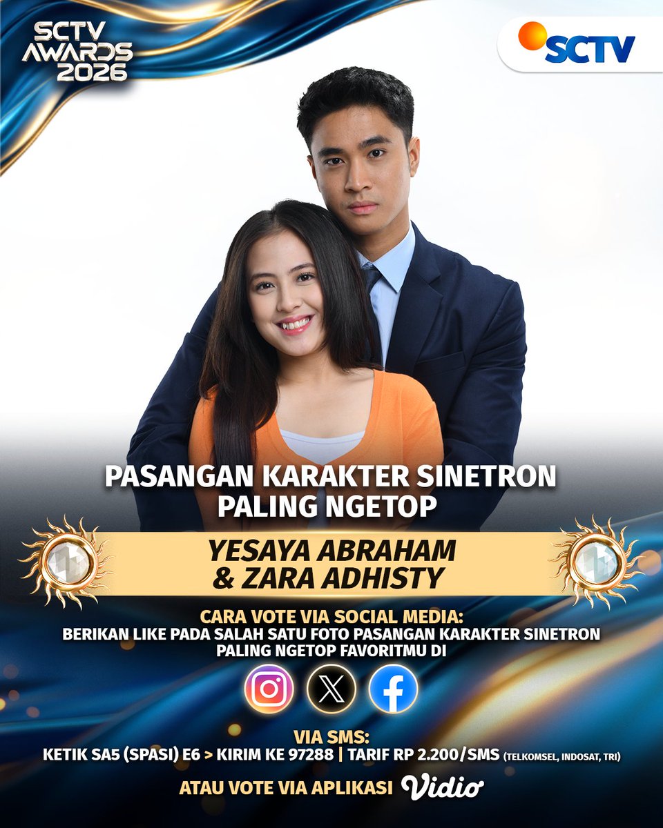 SCTV's tweet photo. Yuk, dukung Yesaya Abraham &amp; Zara Adhisty untuk memenangkan kategori PASANGAN KARAKTER SINETRON PALING NGETOP di X dengan cara like foto berikut atau #VoteSA2026 via SMS, Instagram, dan Facebook, atau bisa juga melalui Virtual Gift @vidio 

#SCTVAwards2026 #VoteSA https://t.co/aawMIAeAsi