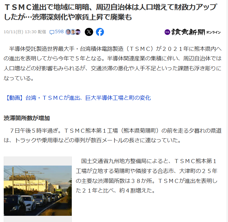 Stoneman_ISHIO's tweet photo. 工場は5年で建ちましたけど道路は中々できませんね。
TSMCが熊本進出を発表して5年。菊陽町は人口が1,195人増え、合志市は2,542人増えました。

一方で周辺の「主要な渋滞区間」は38か所。2021年から約4割増ですね。

工場は民間のお金で、2〜3年で建つ。道路は税金で計画から開通まで10～20年年かかりますよね。
人が増える速さと、道が増える速さが、最初から合っていない。

工場を呼ぶならインフラもスピーディにできるようにしたいですね。

▼読売新聞
TSMC進出で地域に明暗、周辺自治体は人口増えて財政力アップしたが…
https://t.co/7RU7sPaFDi