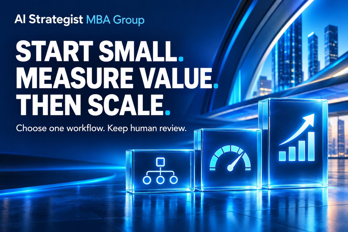 AIStrategistMBA's tweet photo. Where should your business start with AI?

Pick one repetitive workflow. Measure the time it takes. Set a human review point. Test whether AI improves the result.

Start small. Measure value. Then scale.

https://t.co/6z0kKIRgls
#AIStrategy https://t.co/0lZ2sgfllq
